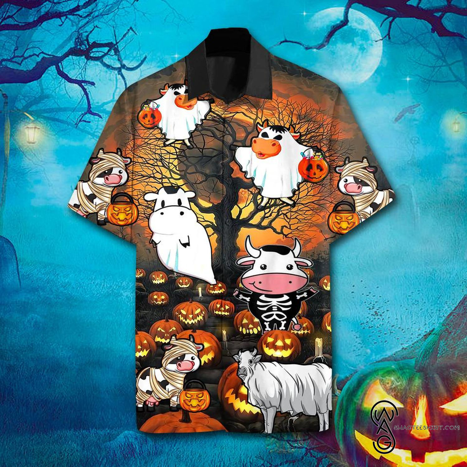 [Top Trending] Farmer Pig And Pumpkins Halloween Casual Summer Beach Full Printing Hawaiian Shirt